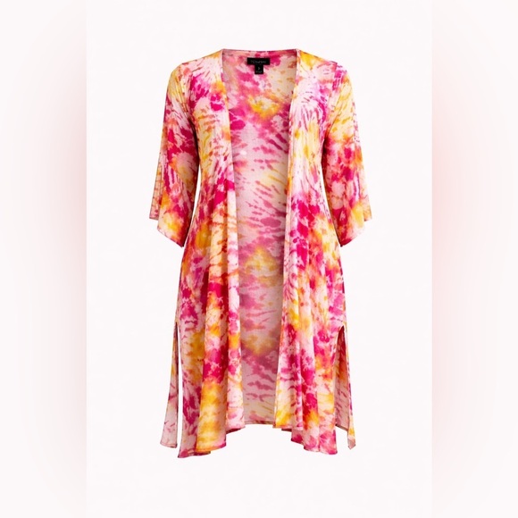 torrid Tops - Torrid 1 (1X) Yellow Pink Tie Dye Long Duster Kimono Cardigan Starburst Print